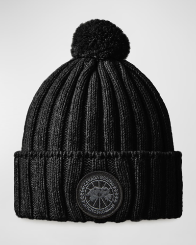 Shop Canada Goose Cashmere Logo Ribbed Beanie In Black