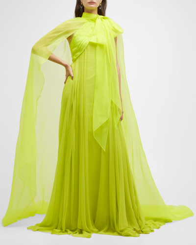 Brandon Maxwell Chiffon Gown W/ Attached Cape In Limelight