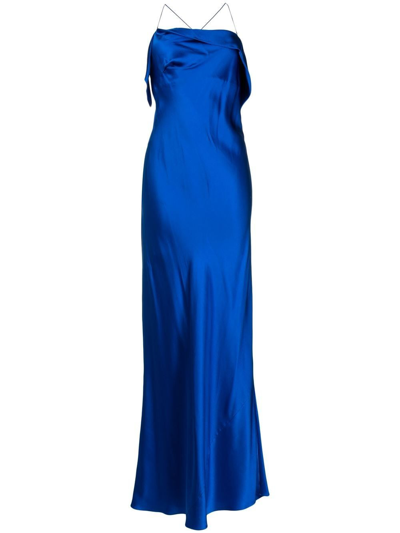 Shop Michelle Mason Bias-cut Cowl Neck Gown In Blue