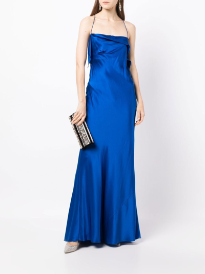 Shop Michelle Mason Bias-cut Cowl Neck Gown In Blue