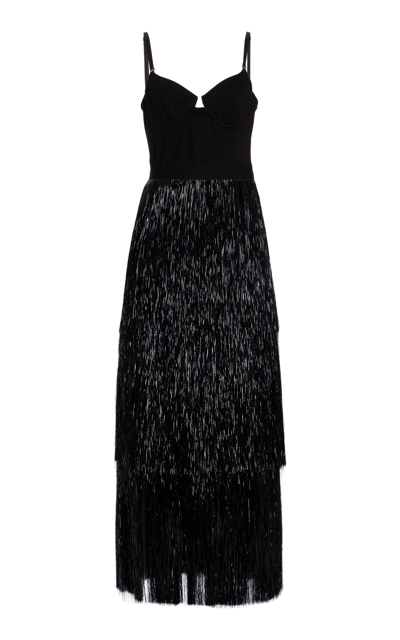 Shop Jonathan Simkhai Hamila Tinsel Fringe Midi Dress In Black