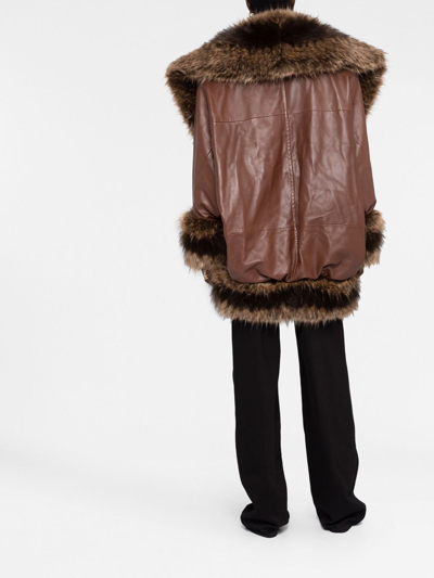 Shop Saint Laurent Faux-fur Trim Oversize Coat In Brown