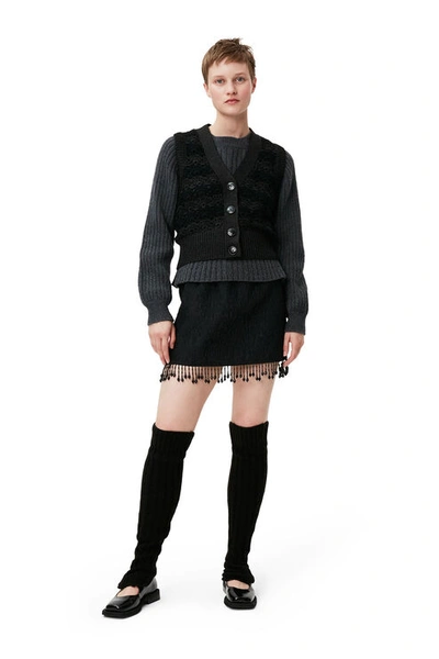 Shop Ganni Jacquard Organza Bead Fringe Mini Skirt In Black