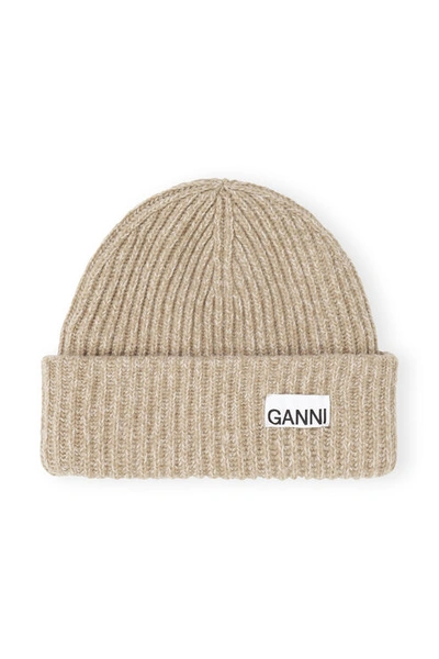 Ganni Logo Patch Ribbed Beanie Hat In Petrified Oak | ModeSens