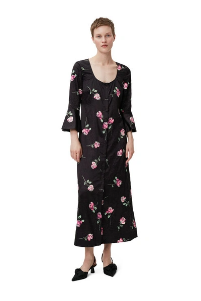 Ganni Floral-print Crinkled Midi Dress In Black
