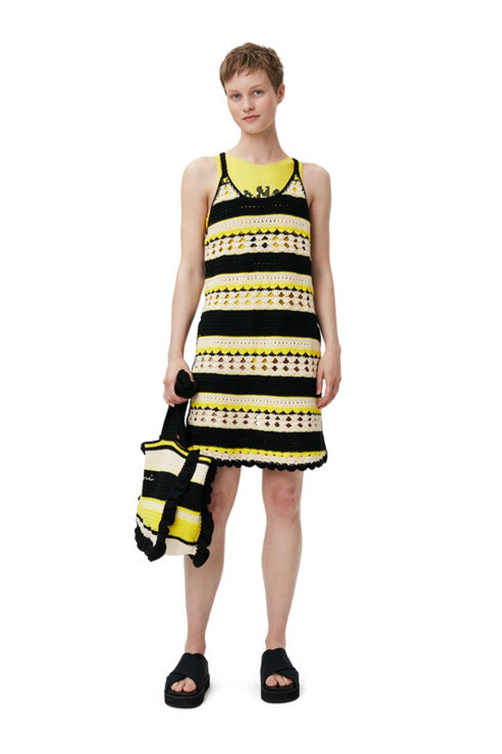 ★Ganni★ Crochet Cover Up Slip Dress Golden Kiwi K1808373 Ganni - Crochet Cover Up Slip Dress in Golden Kiwi - Notre