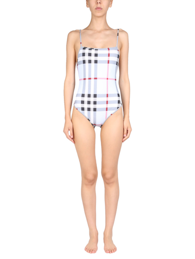 Shop Burberry Check Pattern One Piece Swimsuit In Blu