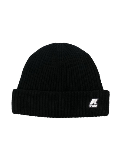 Shop K-way Logo-patch Ribbed Beanie In Black