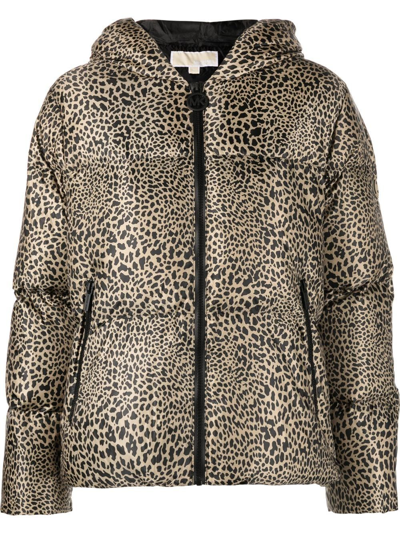 Shop Michael Michael Kors Leopard-print Hooded Puffer Jacket In Neutrals