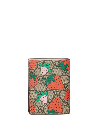 Pre-owned Gucci Gg Supreme Strawberry-print Wallet In Brown