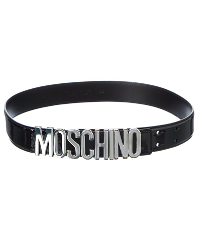 Shop Moschino Logo Plaque Patent Belt In Black