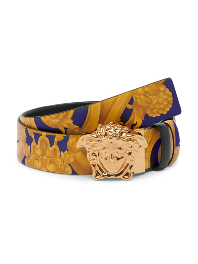 Shop Versace Men's Reversible Barocco Print Leather Belt In Navy Cobalt Gold