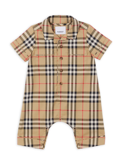 Shop Burberry Baby's Andreas Archive Check Playsuit In Archive Beige Check