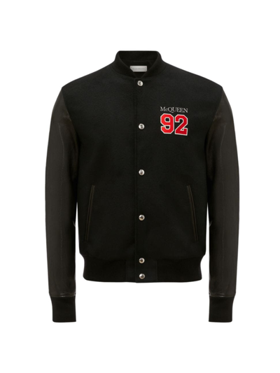 Shop Alexander Mcqueen Men's Logo Cotton & Leather Bomber Jacket In Black Lust