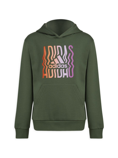Shop Adidas Originals Girl's Game On Graphic Hoodie Sweatshirt In Green Oxide