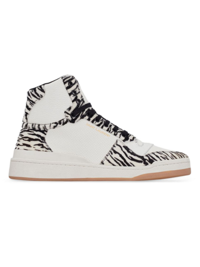 Shop Saint Laurent Men's Sl/24 Mid-top Sneakers In Smooth Leather And Zebra Print Pony Effect Leather In Black