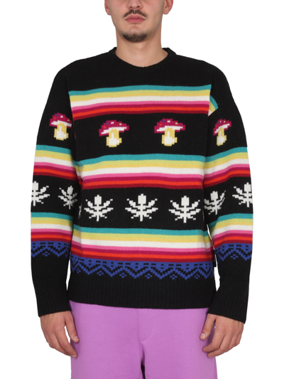 Msgm Cross-neck Knitwear With Pixelated Motifs In Multicolour