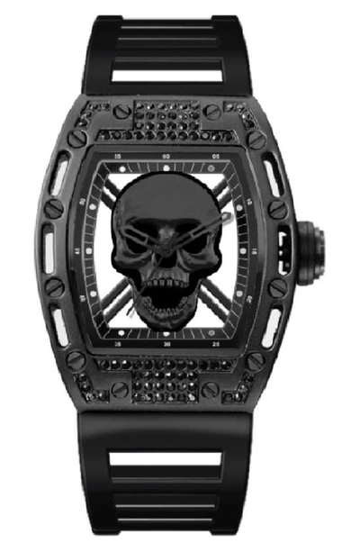 Shop I Touch X Ed Hardy Crystal Skull Plastic Strap Watch, 30mm X 34.5mm In Brushed Black/ Matte Black