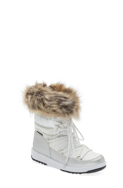 Shop Moon Boot Kids' Monaco Waterproof Faux Fur Trim Boot In White Silver