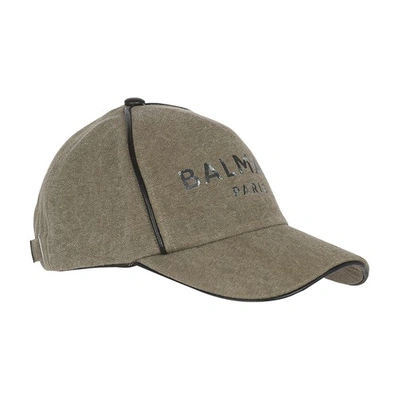 Shop Balmain Cotton Cap With  Paris Logo In Kaki Noir