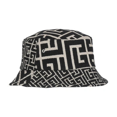 Shop Balmain Cotton Canvas Bucket Hat With  Paris Logo In Ivoire_noir