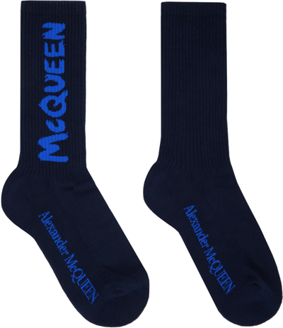 Shop Alexander Mcqueen Navy Graffiti Socks In 4168 Navy/blue