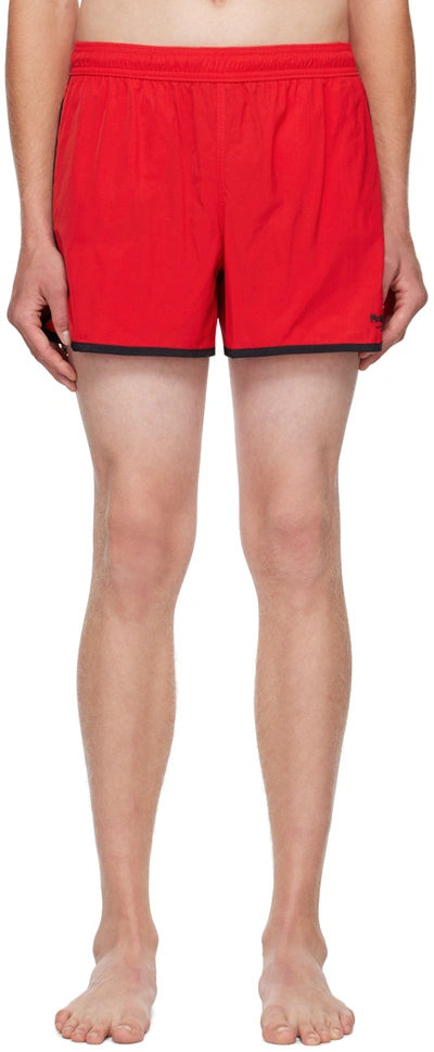 Shop Alexander Mcqueen Red Embroidered Swim Shorts In 6460 Red/black