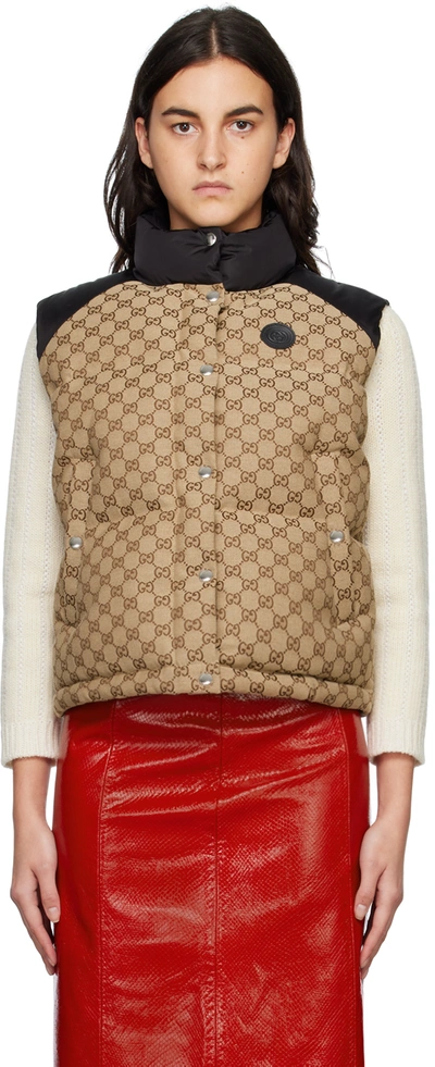 Shop Gucci Beige Gg Down Vest In 2184 Camel/mix