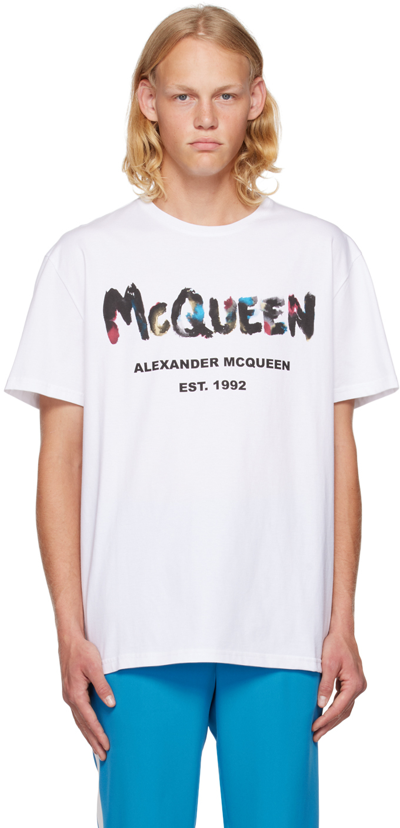 Shop Alexander Mcqueen White Watercolor Graffiti T-shirt In 0900 White/mix