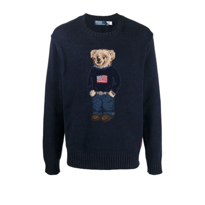 Shop Polo Ralph Lauren Navy Polo Bear Sweater - Men's - Cotton/linen/flax In Blue