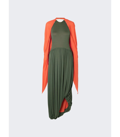 Shop Loewe Off Shoulder Draped Dress In Khaki Green