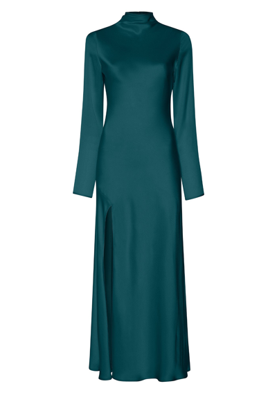 Shop Lapointe Satin Bias Dress With Slit In Emerald