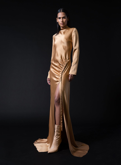 Shop Lapointe Satin Bias Tab Gown With Slit In Camel