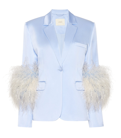 Shop Lapointe Satin Blazer With Feathers In Celeste