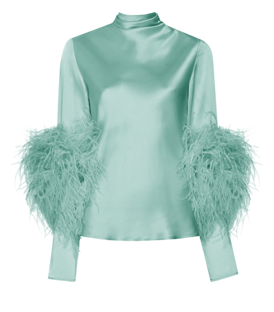 Shop Lapointe Satin Longsleeve Top With Feathers In Sea Green