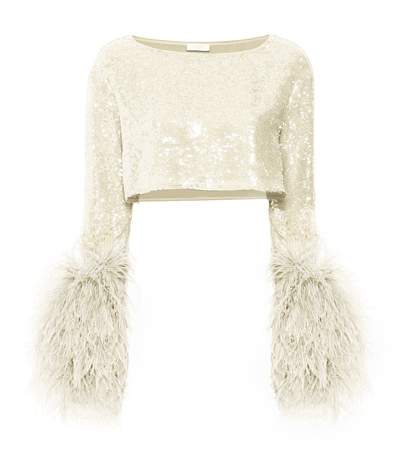 Shop Lapointe Sequin Cropped Top With Feathers In Cream