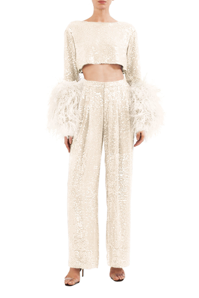 Shop Lapointe Sequin Cropped Top With Feathers In Cream