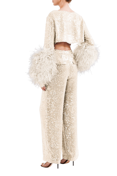 Shop Lapointe Sequin Cropped Top With Feathers In Cream