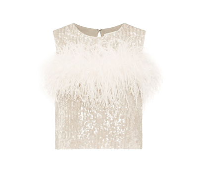 Shop Lapointe Sequin Tank With Feathers In Cream