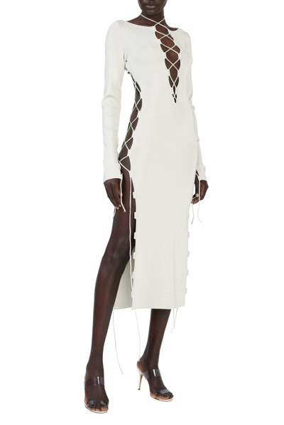Lapointe Shiny Viscose Longsleeve Lace Up Dress In Cream