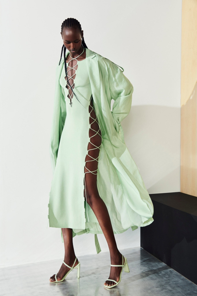 Shop Lapointe Shiny Viscose Longsleeve Lace Up Dress In Aloe