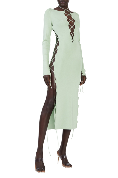 Shop Lapointe Shiny Viscose Longsleeve Lace Up Dress In Aloe