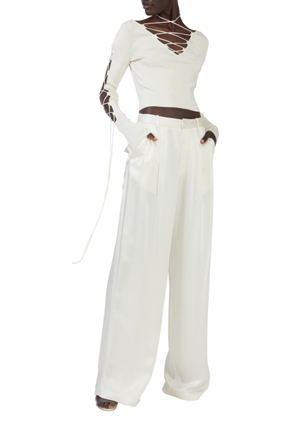 Lapointe Shiny Viscose Longsleeve Lace Up Top In Cream