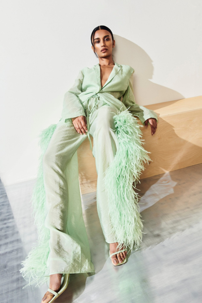Shop Lapointe Textured Sheer Cupro Pant With Feathers In Aloe