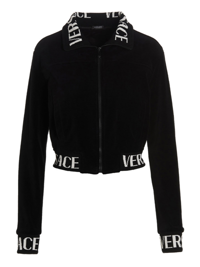 Shop Versace Crop Velvet Sweatshirt In Black