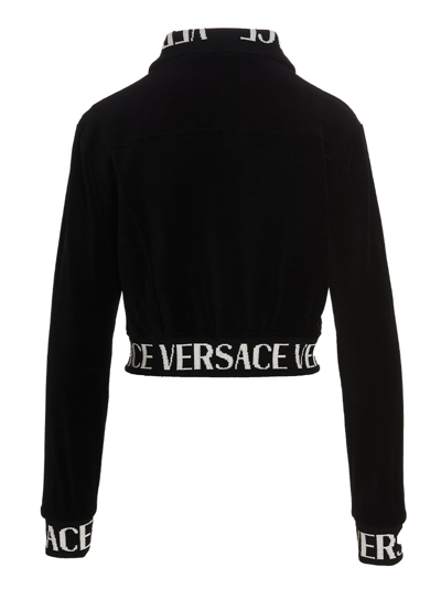 Shop Versace Crop Velvet Sweatshirt In Black