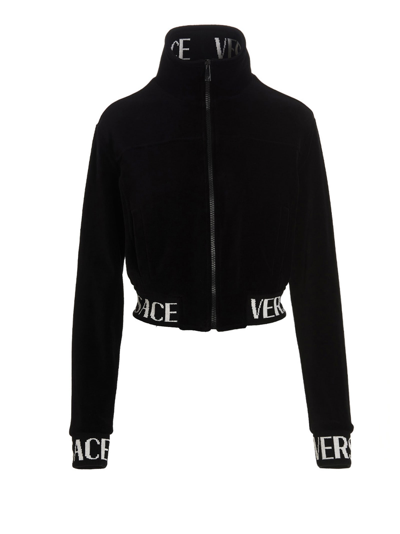 Shop Versace Crop Velvet Sweatshirt In Black