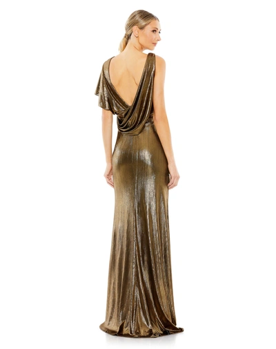 Mac Duggal Metallic Draped Asymmetric Sheath Gown In Antique Gold