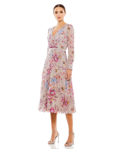 Shop Mac Duggal Long Sleeve Midi Dress In Mauve Multi