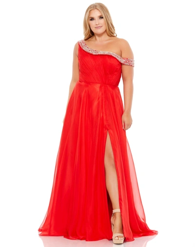 Shop Mac Duggal Beaded Drop Shoulder Pleated Flowy Gown (plus) - Final Sale In Red